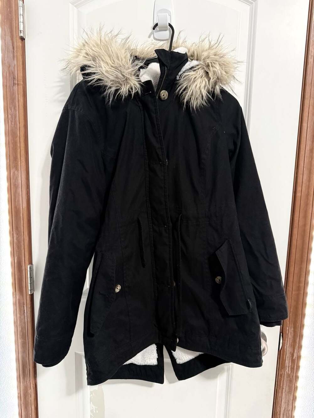Hollister Heritage Collection Black Faux Fur Hooded Parka Winter Coat Size M